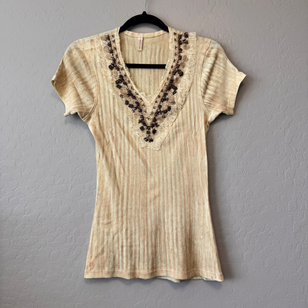 David Cline Large Top Beige Short Sleeve Lace Beaded V-Neck Ribbed Cotton Boho